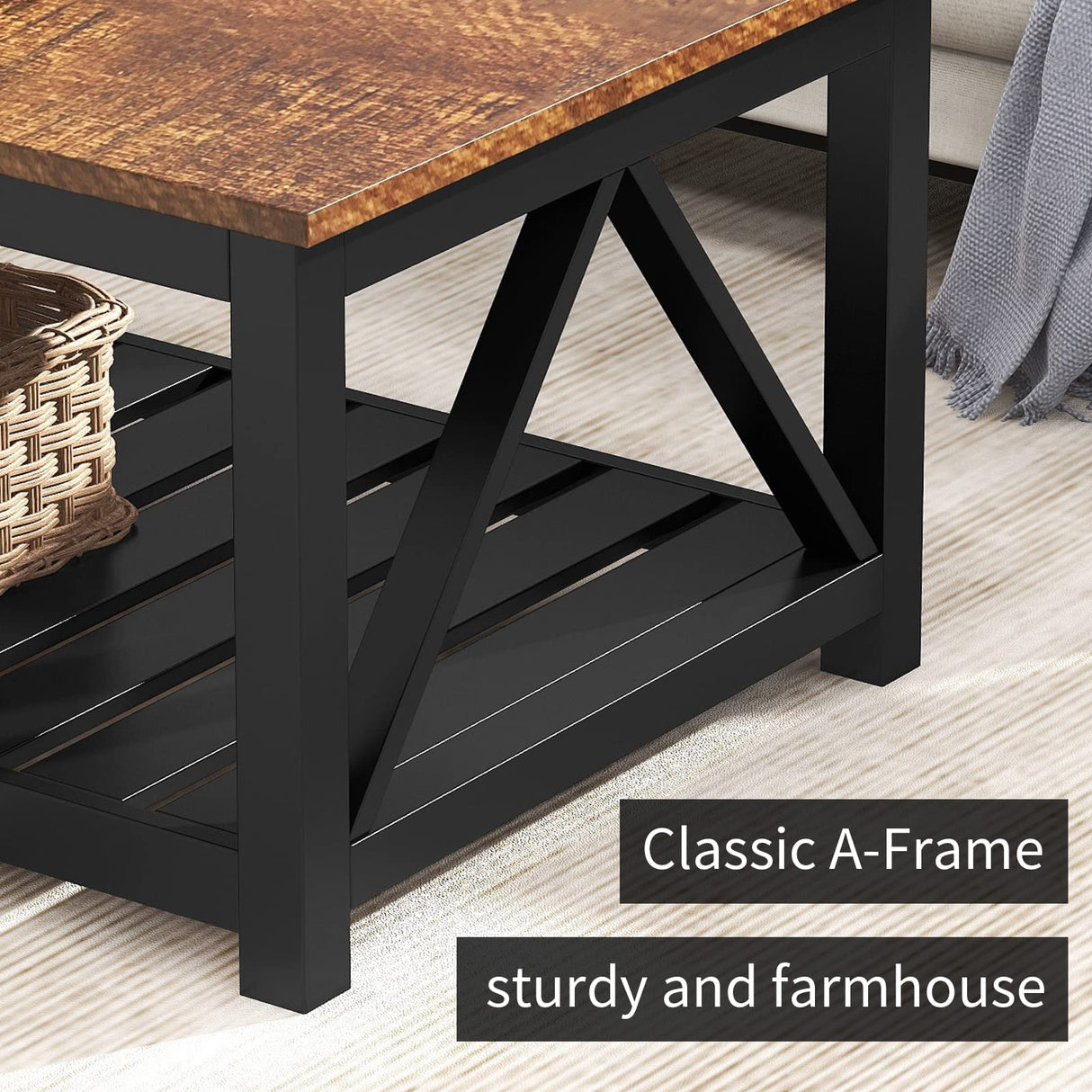 ChooChoo Black Coffee Table, Rustic Vintage Table with Shelf for Living Room, 40 Inch ChooChoo