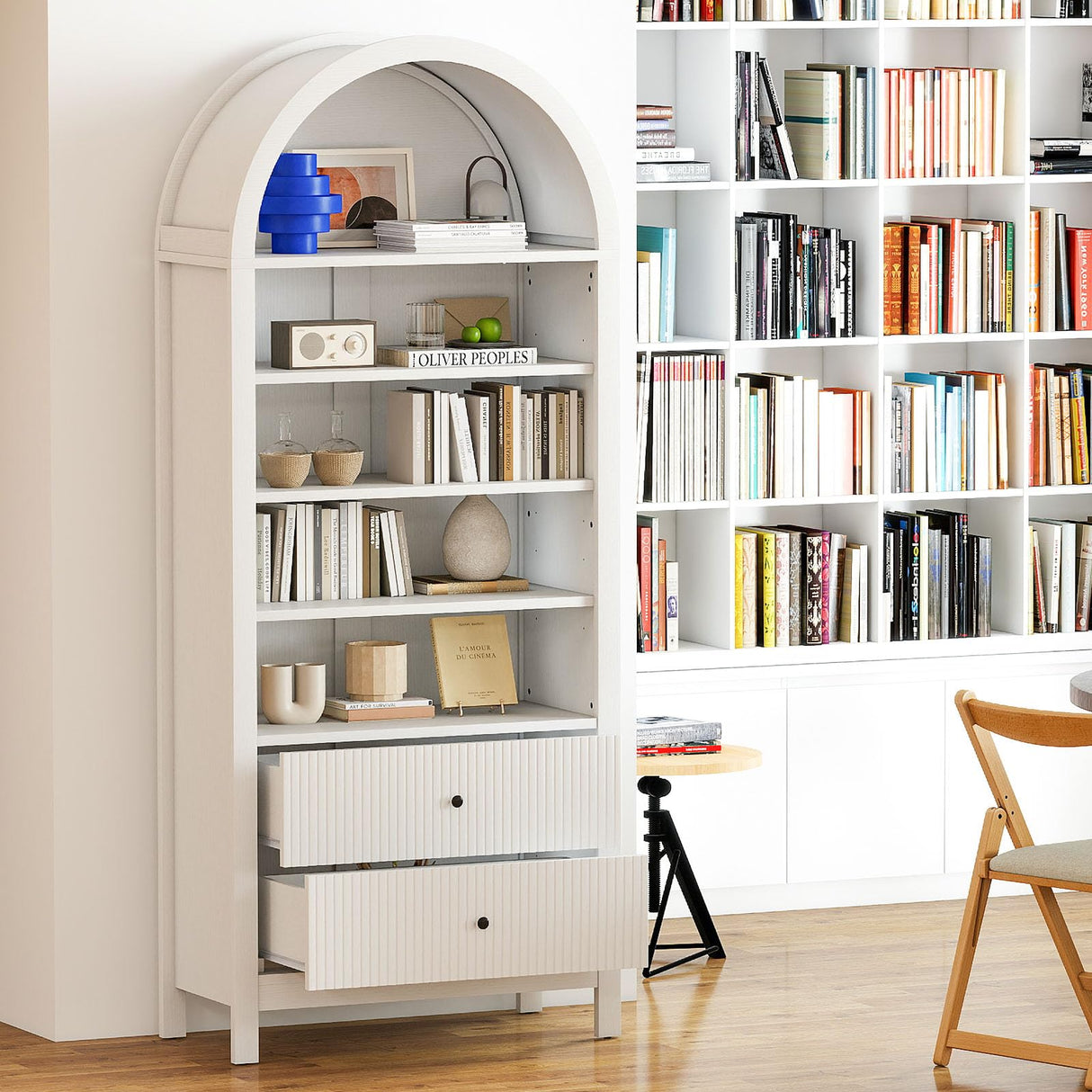 GOODONE 71" Tall Arched Bookcase - Arched Bookshelf with 2 Drawers & Adjustable Shelves, Tall Arched Storage Cabinet for Living Room, Kitchen，Home Office（White） GOODONE