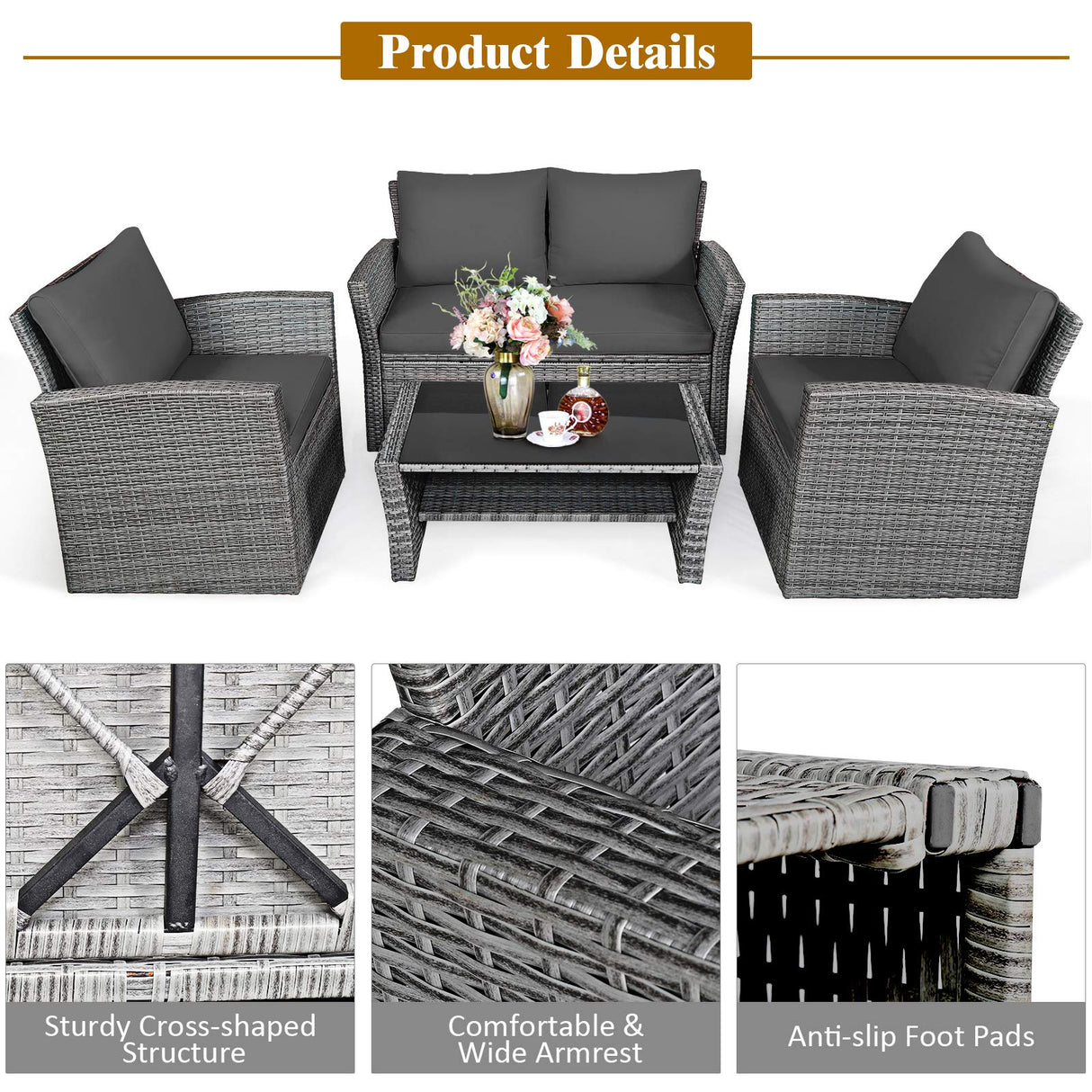 COSTWAY 4 Pieces Patio Rattan Furniture Set, Outdoor Wicker Sofa Set with Tempered Glass Coffee Table, Cushions, All Weather Rattan Conversation Set for Yard Balcony Backyard Pool, Grey COSTWAY