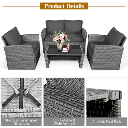 COSTWAY 4 Pieces Patio Rattan Furniture Set, Outdoor Wicker Sofa Set with Tempered Glass Coffee Table, Cushions, All Weather Rattan Conversation Set for Yard Balcony Backyard Pool, Grey - WoodArtSupply