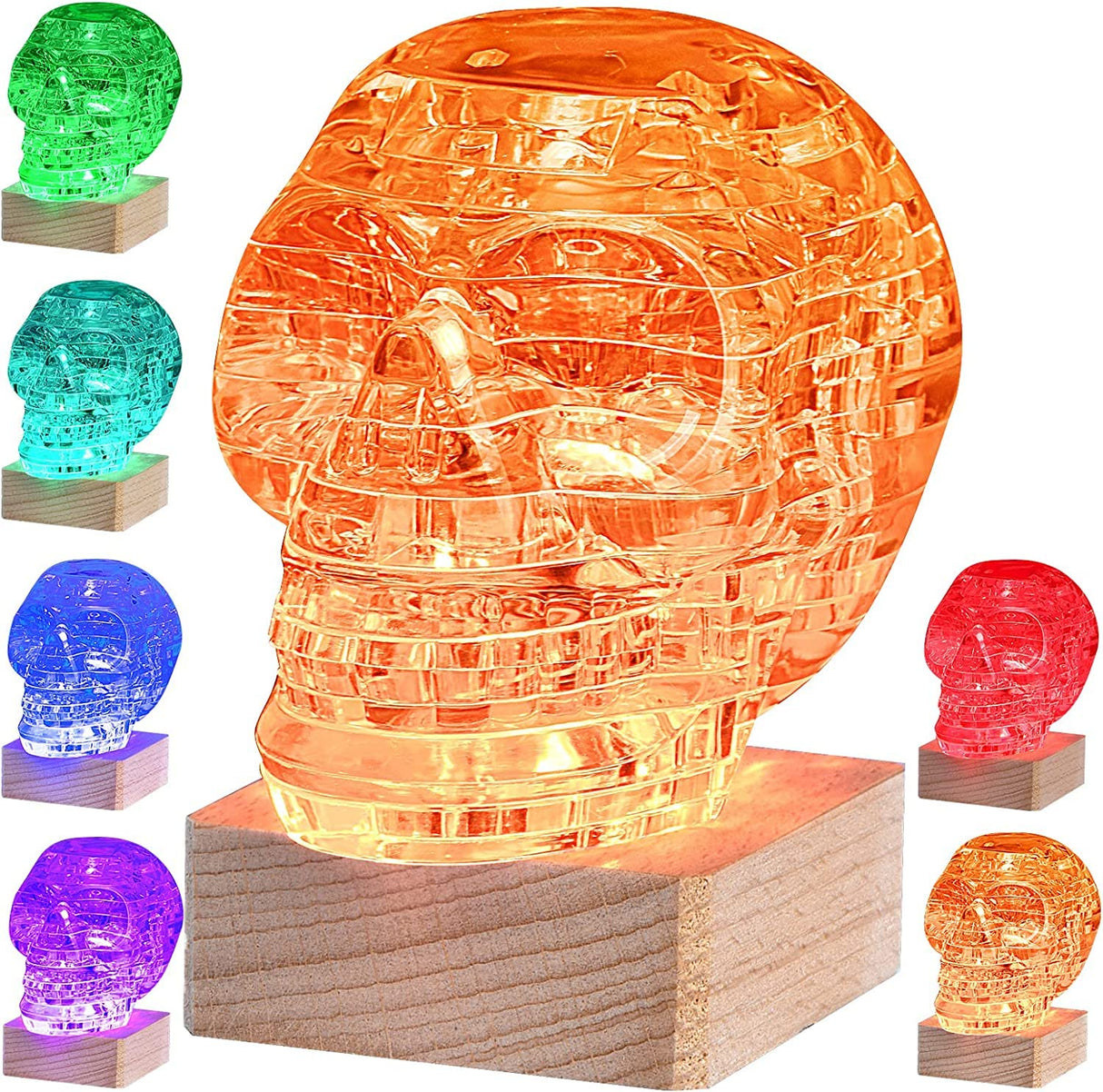 3D Skull Crystal Puzzle, 3D Puzzle Crystal Assembly Brain Teaser with Light-Up Wood Base, Plastic Crystal Puzzle, Fun Model Toy Gift Decoration for Adults & Kids Age 14 and Up, Clear, 49 Pieces SIRPERICE