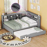 Merax Full Size Day Bed with Twin Trundle, Wooden DayBed with Storage Shelf and USB Charging Ports, Full Corner Bed Frame,Grey Merax