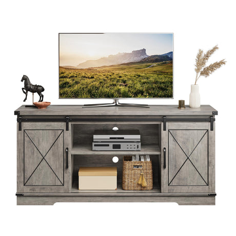 Farmhouse TV Stand for TVs Up to 65", Rustic Entertainment Center with Sliding Barn Doors, Storage Cabinets & Adjustable Shelf, Media Console for Living Room, Bedroom, Grey GAOMON