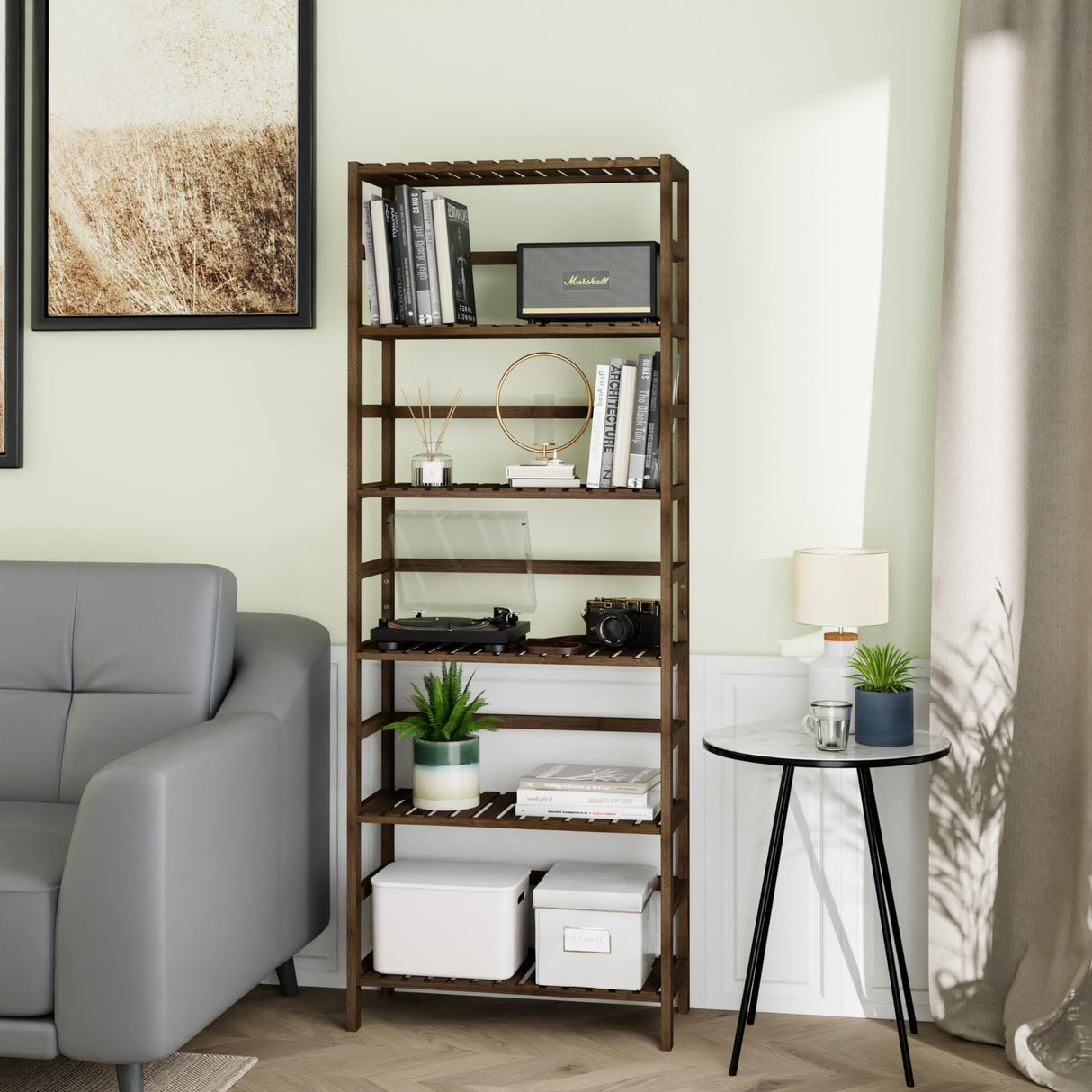 HITNET Bookcase, Bamboo Bookshelf, 6-Tier Adjustable Tall Open Book Shelf, Free Standing Storage Shelves Organizer, Flower Plant Display Stand, Walnut HITNET