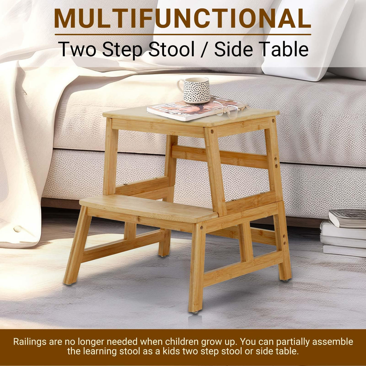 COSYLAND Kids Kitchen Step Stool，Toddler Standing Tower with CPC Certification, Removable Anti-Drop Railing Safety Rail Enjoys Unique Patented Design A Anti-tip Structure More Stable, Natural Bamboo COSYLAND