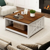 Giantex Farmhouse Coffee Table, 31 Inch Square Wood Coffee Table with Storage Shelf, 2-Tier Vintage Center Table with Open Compartment, Rustic Living Room Table for Home Office, White & Brown Giantex