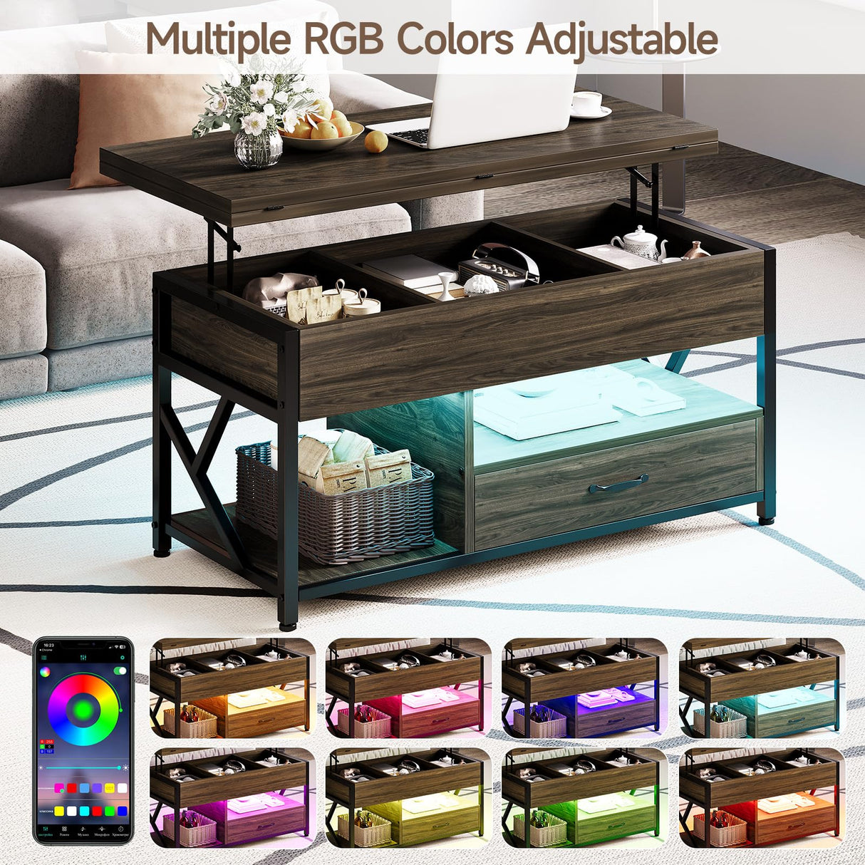 ONBRILL Coffee Table, 40" Lift Top Coffee Table with Drawers & LED Light for Living Room, Coffee Table with Hidden Compartment & 2 Open Shelves for Dining Reception Room, Black ONBRILL