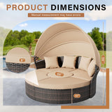 Crownland Round Outdoor Daybed with Retractable Canopy,Patio Daybed with Washable Cushions, Clamshell Sectional Seating, Wicker Furniture for Patio, Garden, Pool (Light Brown) Crownland