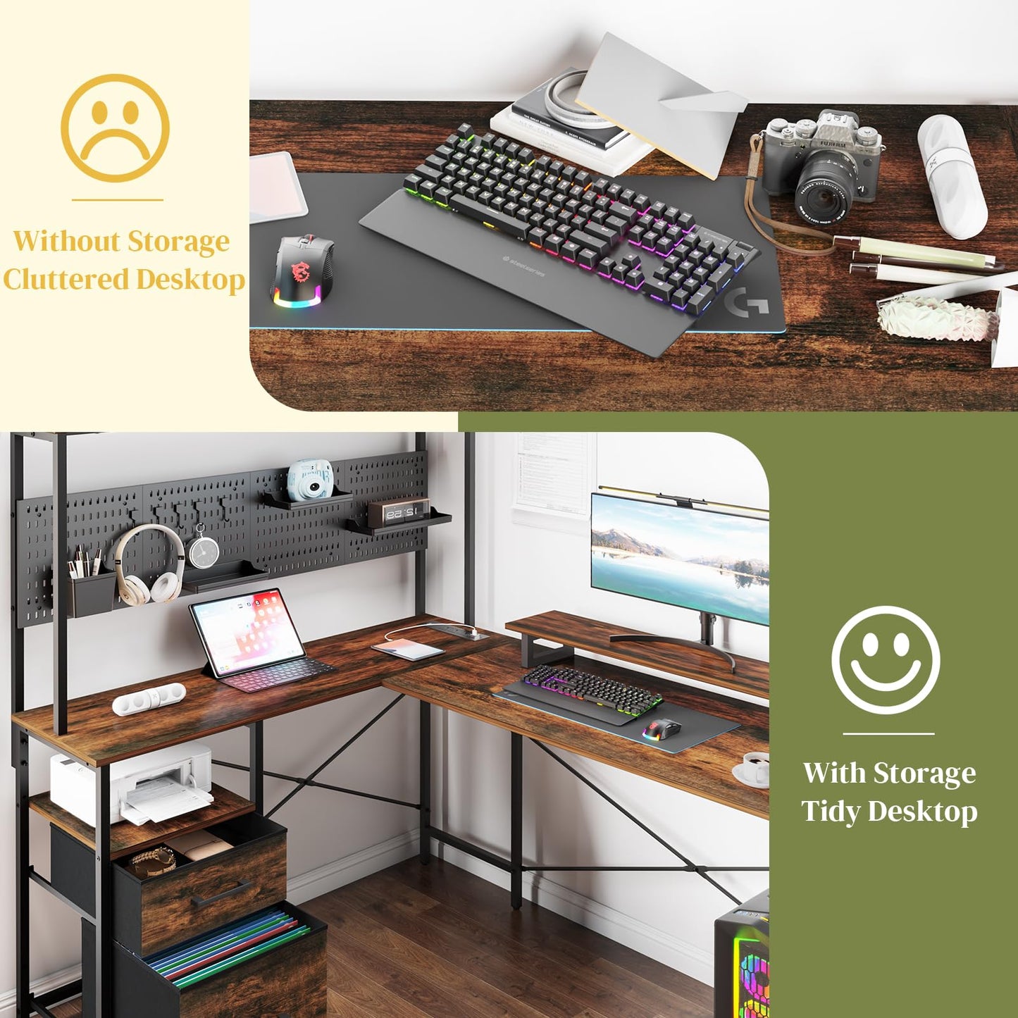 Yoobure L Shaped Desk with Pegboard, Reversible Computer Desk with Drawers & Storage Shelves, Gaming Desk with LED Lights & Power Outlets, Office Desk with Monitor Stand Corner Desk Home Office Desks