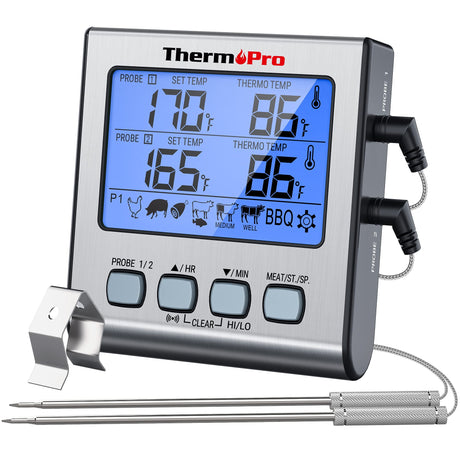ThermoPro TP17 Dual Probe Digital Cooking Meat Thermometer Large LCD Backlight Food Grill Thermometer with Timer Mode for Smoker Kitchen Oven BBQ, Silver ThermoPro