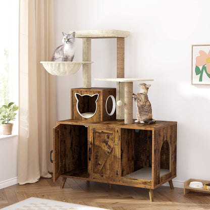 EnHomee Cat Litter Box Enclosure Cat Tree with Litter Box Enclosure Cat Towers for Large Cats Wooden Cat Condo Furniture with Washroom Cat Tree for Indoor Cats with Cat Scratching Post Cat House