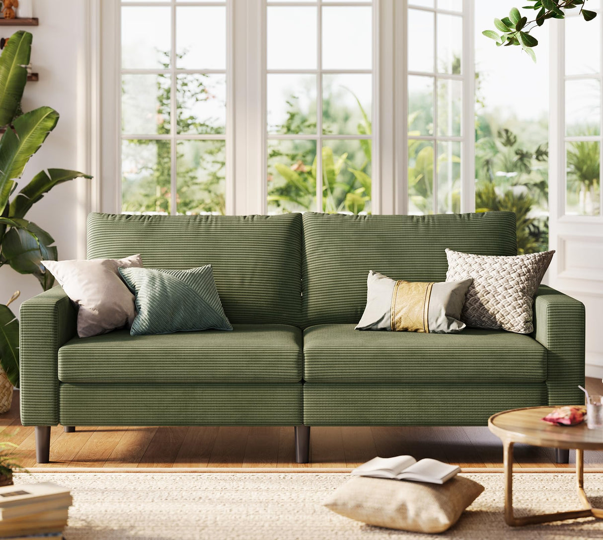 LINSY Modern Loveseat Sofa Couches for Living Room, Comfy Corduroy Sofa, Adjustable Seat Depth, Extra Deep Seats, Solid Wood Frame, Removable Cover, Love Seat Couch for Small Spaces (79inch, Green) LINSY
