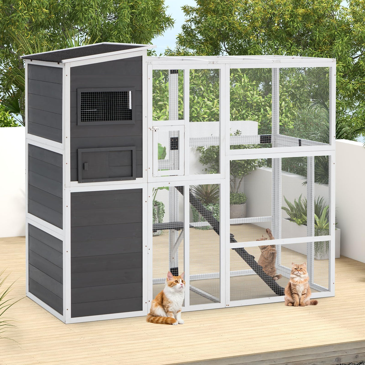 YODOLLA Wooden Cat House,Large Space Cat Cage,Large Outdoor/Indoor Catio Enclosures,Wooden Cat House Weatherproof with Multi Platforms, Indoor Interoperability,Jump Platform Grey YODOLLA