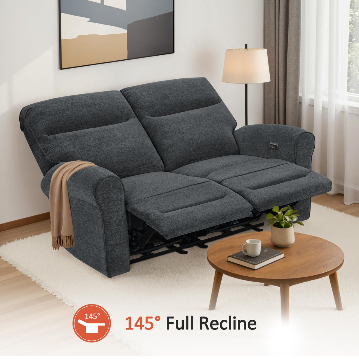 MCombo 64.6" Wall Hugger Power Loveseat Recliner Sofa with USB Ports, Reclining Loveseat for Small Spaces Living Room RV, Fabric PR635M1 (Dark Grey) MCombo