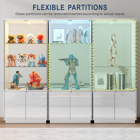 HNEBC 71'' Display Cabinet with Glass Doors&3 Color Lights&Lockable for Bedroom White,High Gloss Curio Cabinet with Adjustable Glass Shelf 3-Tier Bookcase for Living Room HNEBC