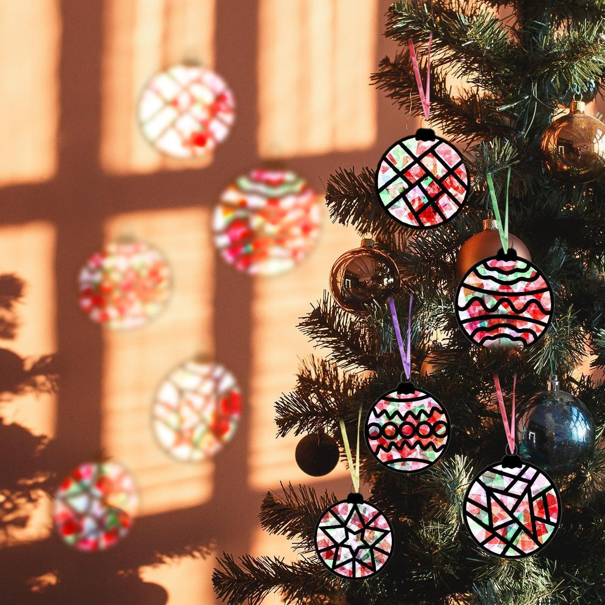 EggSun 36 Sets Christmas Balls Suncatchers Craft Kit for Kids Ornaments Stained Glass Christmas Window Arts and Crafts Kit for Classroom Holiday Projects Home Party Favors Decorations Ages 4 8 12 EggSun