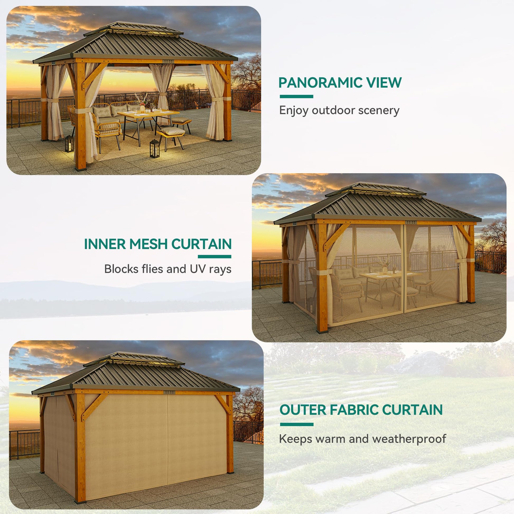 YITAHOME 11X13FT Wood Gazebo Outdoor Wooden Frame Gazebo Double Roof Hardtop Galvanized Steel Top Canopy w/Curtain and Netting, Patio Heavy Duty Gazebo for Deck, Backyard, Beige Yellow - WoodArtSupply