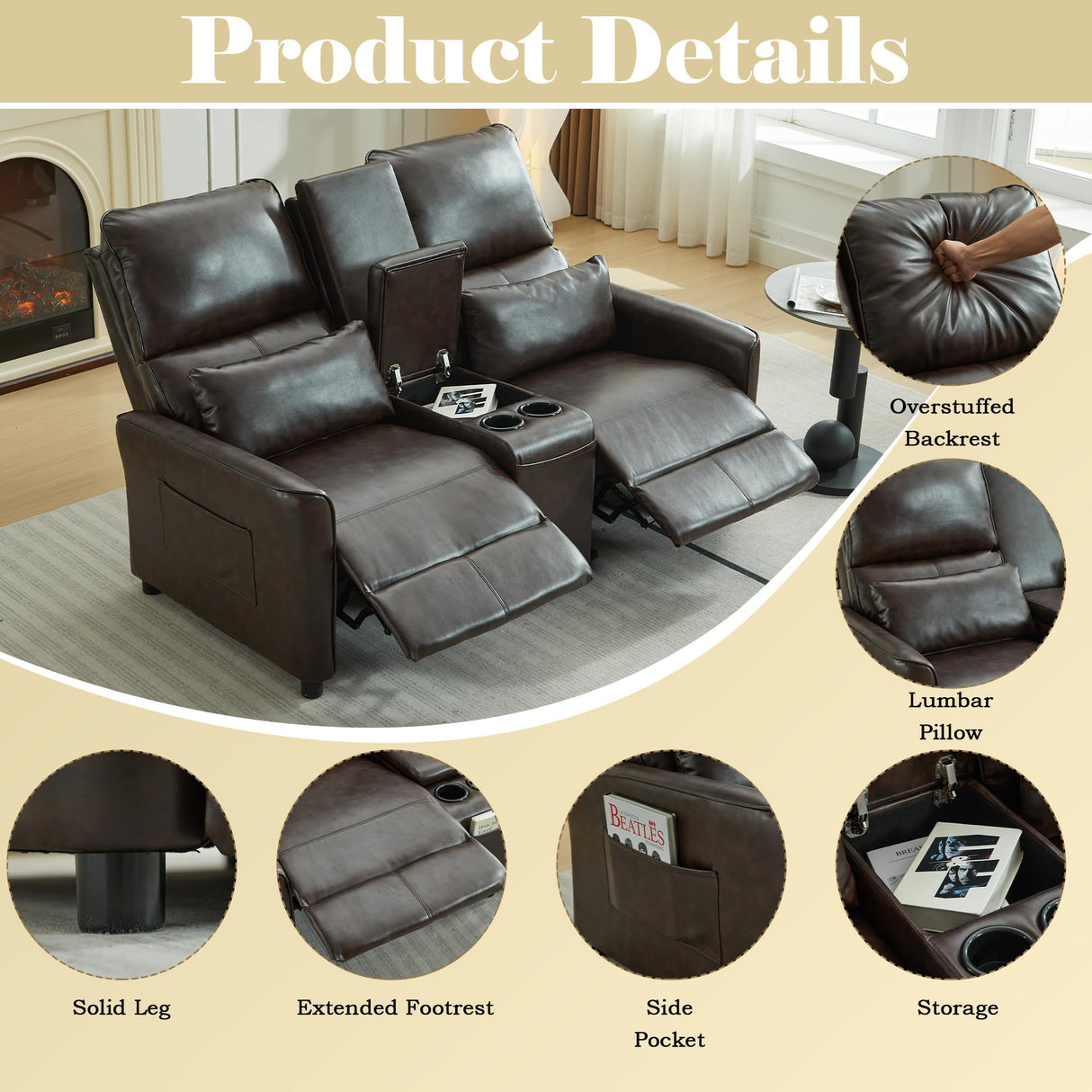 DRMBOOK 63'' RV Loveseat Recliner Sofa, Faux Leather Double Camper Couch 2 Seater Recliner with Console, Home Movie Theater Seating Chair, 2 Person Push Back Recliners for Living Room, Red & Brown DRMBOOK