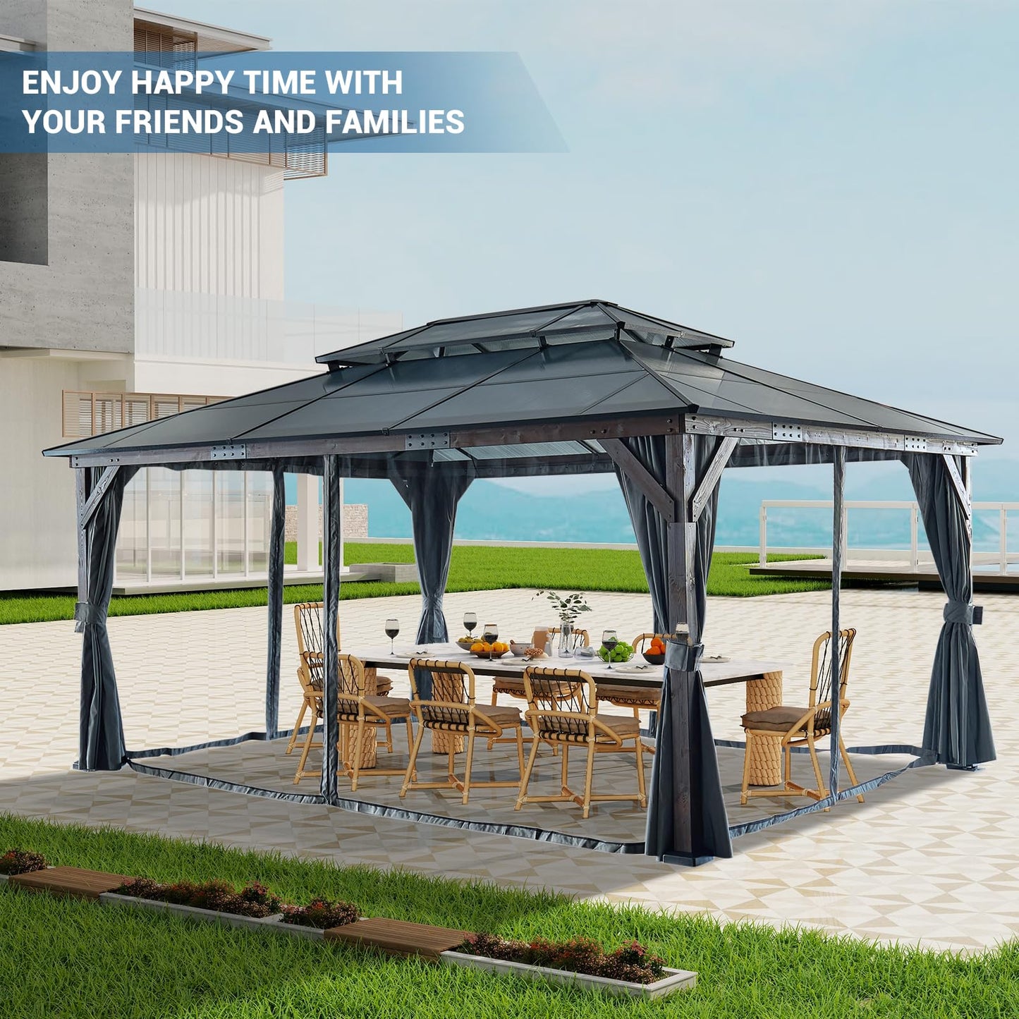 12' x 16' Hardtop Cedar Wood Gazebo for Patios, Outdoor Cedar Framed Gazebo with Double Metal Roof, Solid Wooden Framed Gazebo with Privacy Curtains and Mosquito Nettings for Garden, Backyard - WoodArtSupply