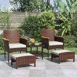 5 Piece Outdoor Patio Furniture Set with Table&Ottoman Outdoor Furniture Patio Set Bistro Wicker Patio Set of 2 Outside Lawn Chairs Conversation Sets for Porch Balcony Deck(Brown Wicker&Khaki Cushion) ARTBUSKE