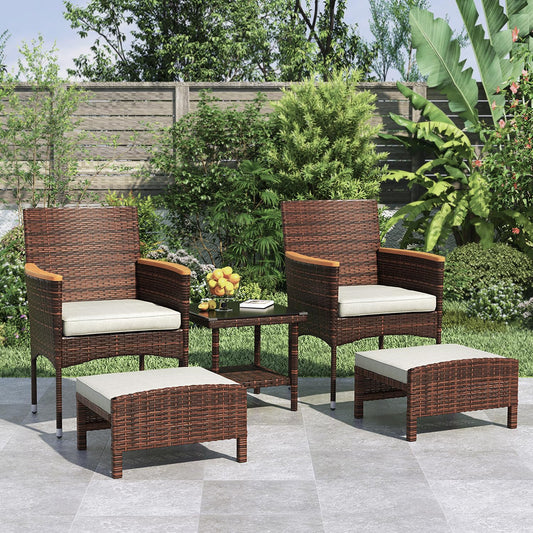 5 Piece Outdoor Patio Furniture Set with Table&Ottoman Outdoor Furniture Patio Set Bistro Wicker Patio Set of 2 Outside Lawn Chairs Conversation Sets for Porch Balcony Deck(Brown Wicker&Khaki Cushion)