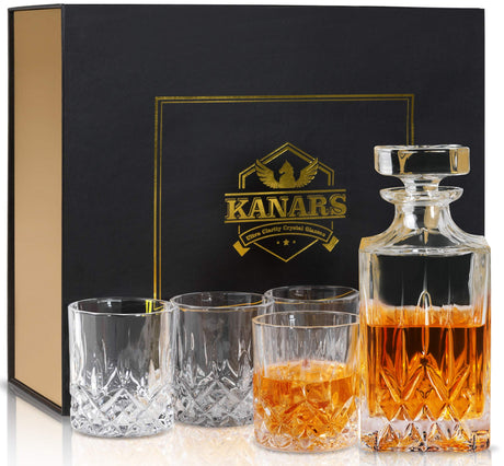 KANARS Whiskey Decanter And Glasses Set in Unique Gift Box - Original Crystal Liquor Decanter Set For Bourbon, Scotch, Vodka, Rum or Whisky, 5-Piece, Gifts for Men Dad KANARS