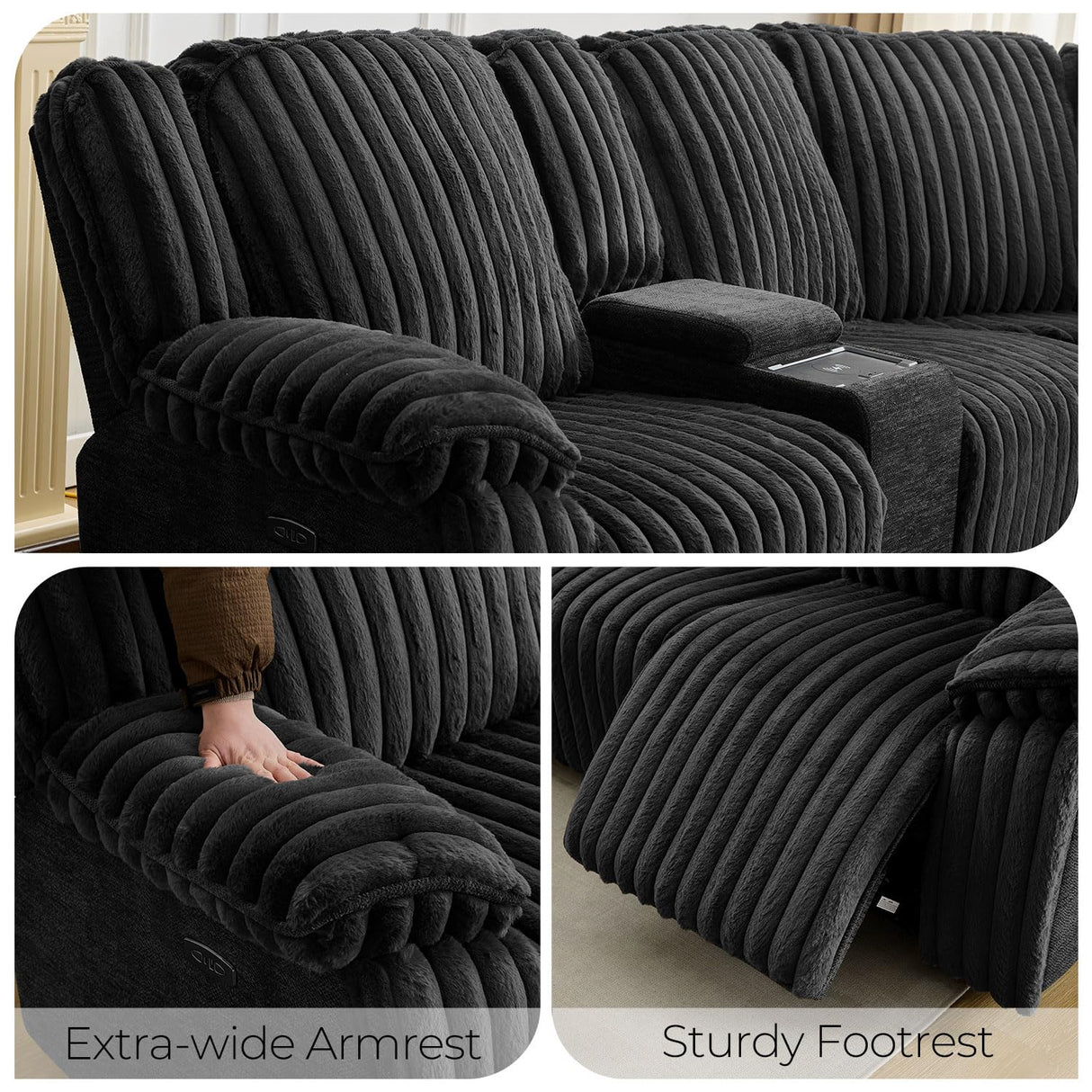 Power Electric Reclining Sectional Sofa with Wireless Charger for Living Room, Plush Faux Fur Sectional Couch with Recliner, 6 Seaters Comfy Recliner Corner Sectionals Sets with Cup Holders, Black Comfort Stretch