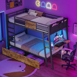 HAUOMS Bunk Bed with Desk, Twin Over Twin Metal Bunk Beds with Power Outlets, RGB LED Lights, 2 Larger Storage Drawers, Bed with Safety Guardrail & Ladders, No Box Spring Needed, Rustic Brown HAUOMS