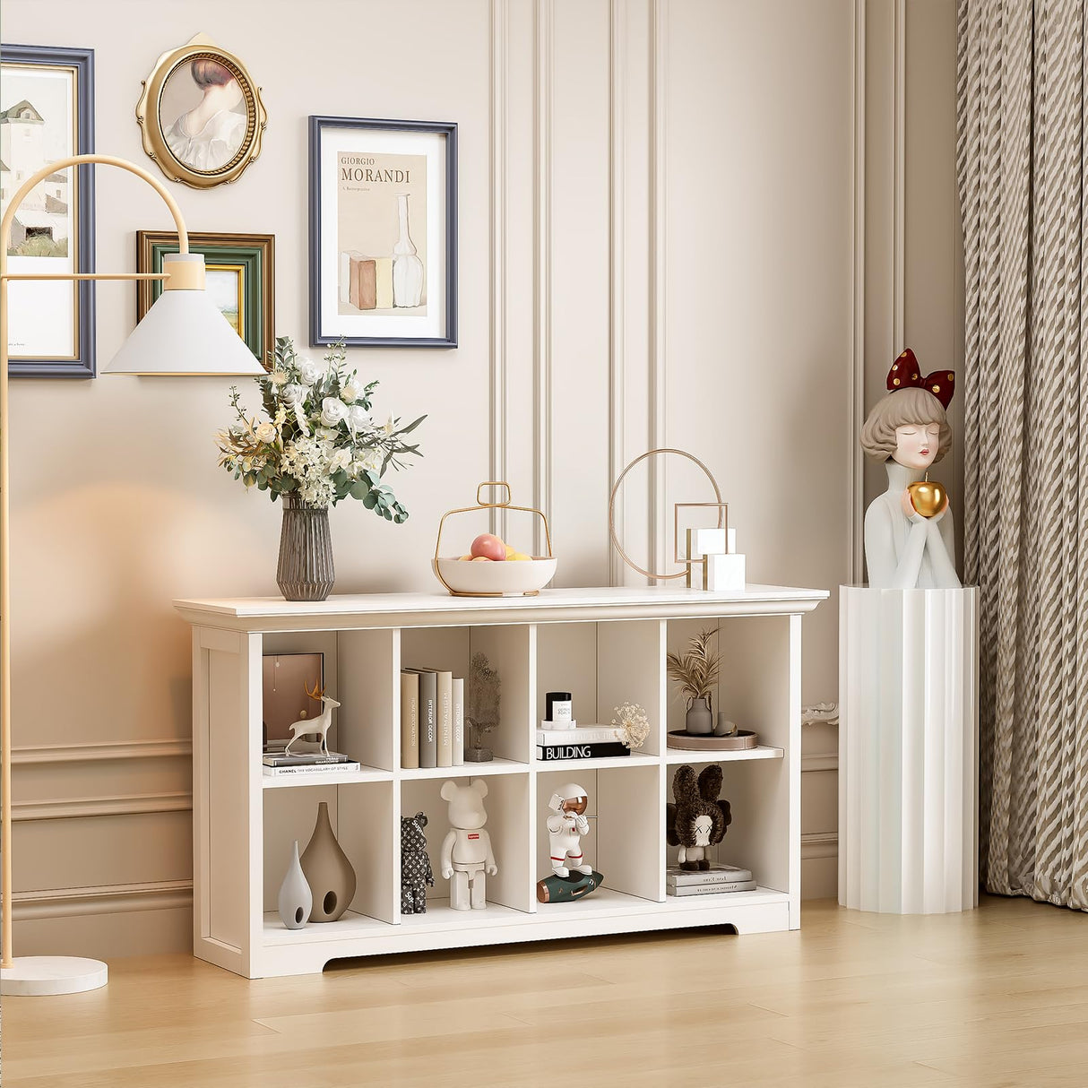 OSCHF Cube Shelf Bookcase with Base - Wooden 2 Tiers Floor Standing Low Storage Cabinet for Home and Office, 8-Cube Lattice Bookshelf, Warm White OSCHF