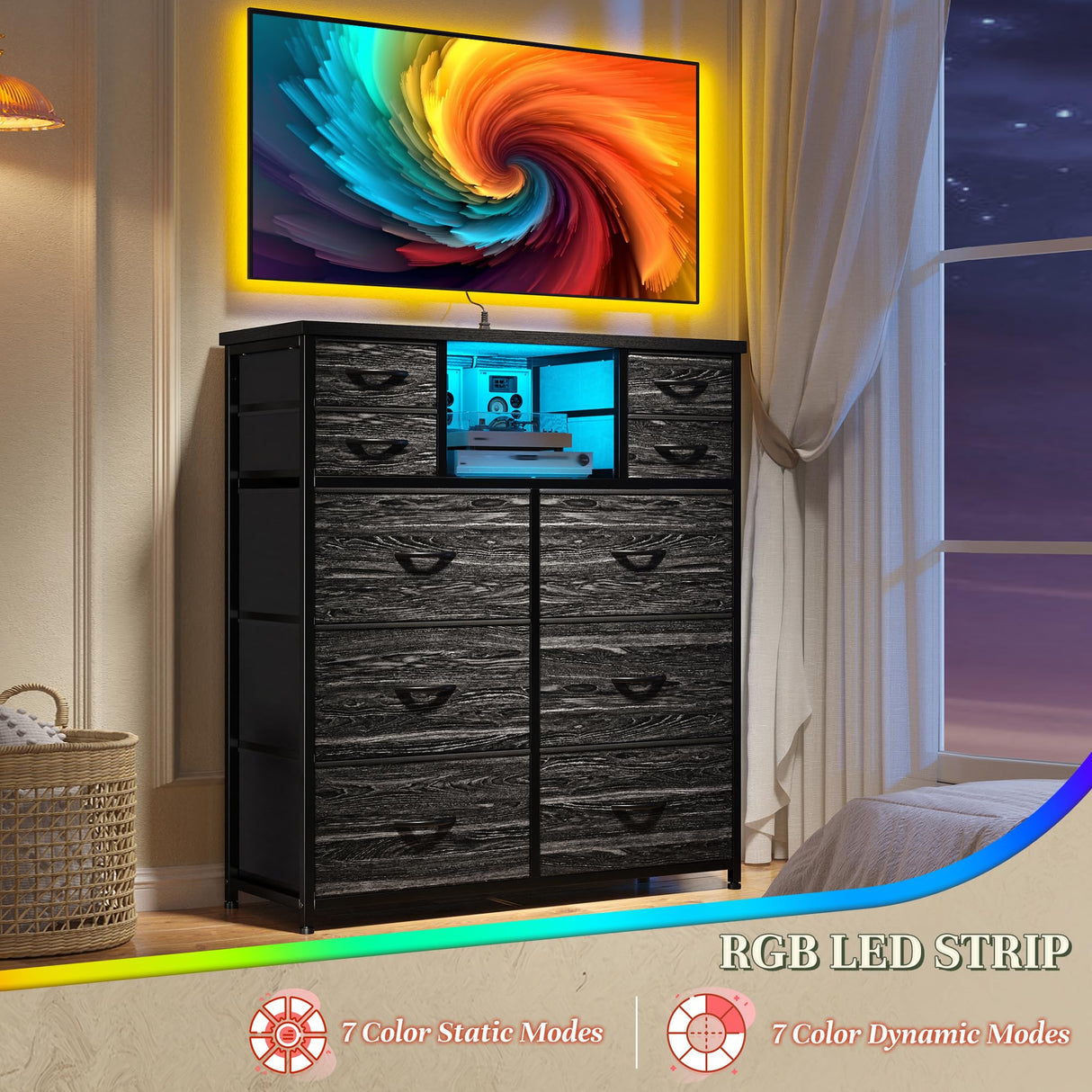 DurayLoly Dresser for Bedroom with Charging Station and LED and 10 Fabric Drawers, Sturdy Bedroom Dresser for Storage, Closet, Hallway (Black) DurayLoly