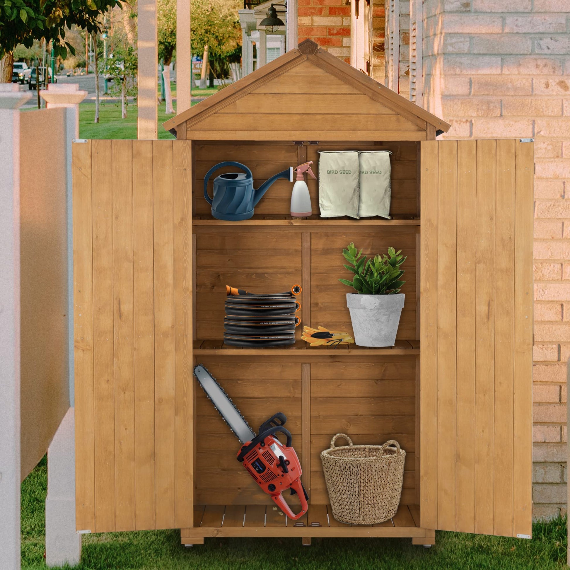 MCombo Outdoor Storage Cabinet, Garden Wood Tool Shed, Outside Wooden Shed Closet with Shelves and Latch for Yard, Patio, Deck and Porch 1000 Natural - WoodArtSupply