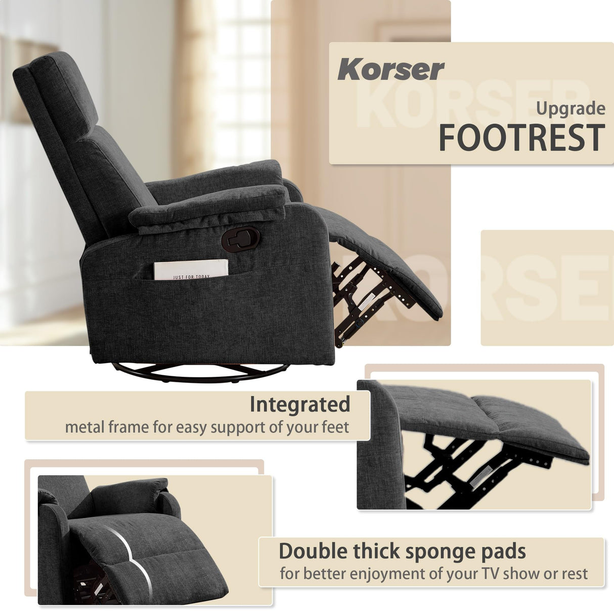 Korser Recliner Chairs, Swivel Rocking Recliner Chair for Adults, Glider Rocking Chair, Small Nursery Chair Recliner for Living Room, Reclining with Modern-Designed Armrests, Chenille, Black Korser