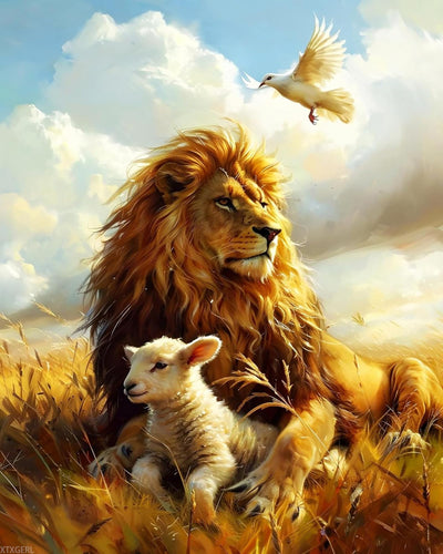 XTXGERL Lion and Lamb Paint by Numbers for Adults Retro Lion Digital Oil Painting Canvas Sheep Religion Painting by Numbers Set Gift Decor (16x20in, Without Frame)