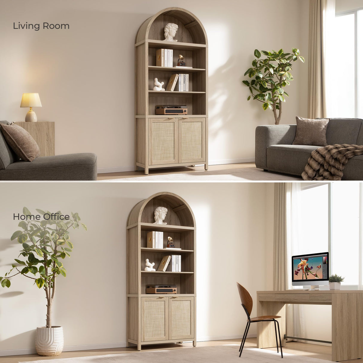 SICOTAS Book Shelf Arched Cabinet Bookshelf Arch 84.2" Tall Bookcase 5 Tier Large Bookshelves with Doors Storage Rattan Boho Wide Book Shelves Case for Living Room Kitchen Office Bedroom Library SICOTAS