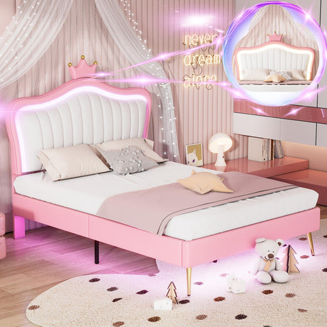 Linique Full Size Upholstered Bed Frame with LED Lights, Modern Upholstered Princess Bed with Crown Headboard, White+Pink Linique