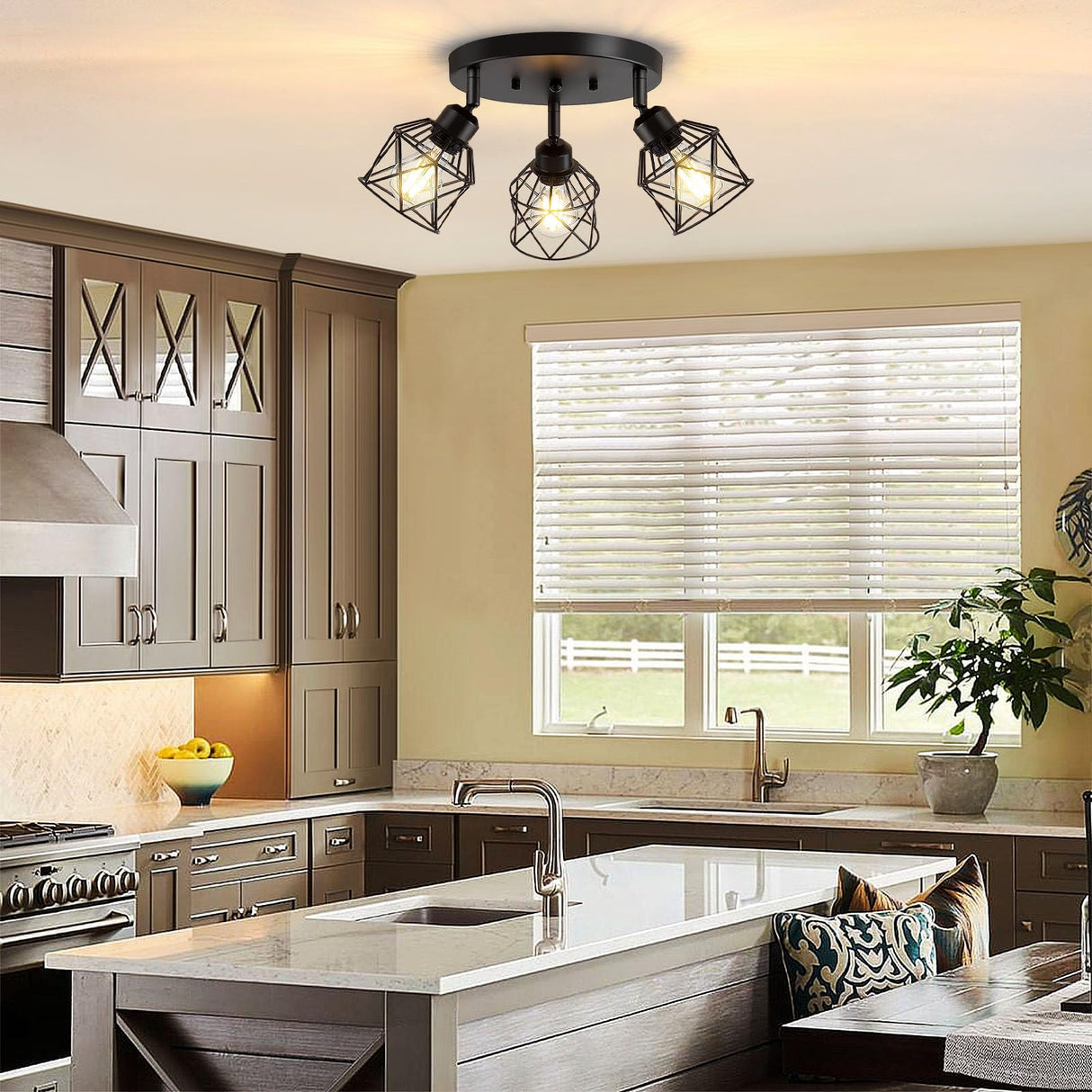 Baocuz 3-Light Kitchen Flush Mount Ceiling Light, Adjustable Multi-Directional Ceiling Light Fixture, Farmhouse Black Metal Cage Close to Ceiling Lamp for Dining Room Bedroom Hallway Baocuz