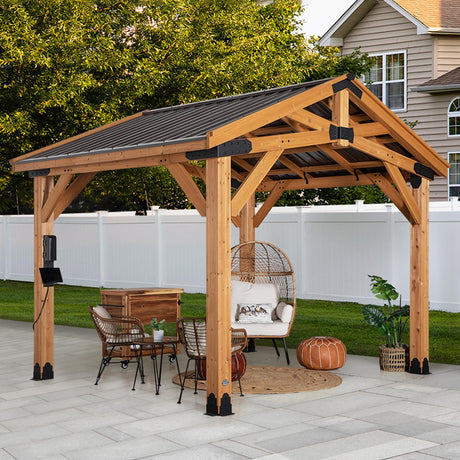 Backyard Discovery Norwood 12 ft. x 10 ft. Cedar Wood Gazebo Pavilion,Thermal Insulated Hard Top Steel Roof, Durable, Supports Snow Loads and Wind Speed, Rot Resistant, Backyard, Deck, Garden, Patio Backyard Discovery
