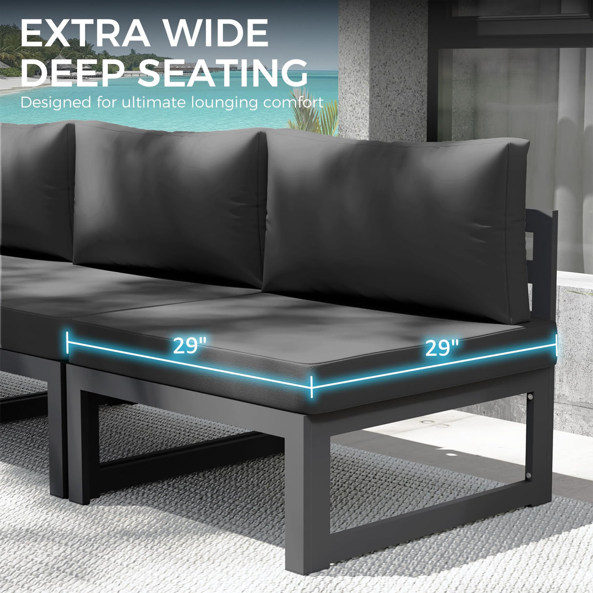 NICESOUL 7 Piece Modern Aluminum Outdoor Furniture Set with Fire Pit Propane/Gas, 29 inch Deep Wide Seat, All Weather Patio Conversation Set, L Shaped Modular Sectional Sofa for Backyard, Dark Gray NICESOUL