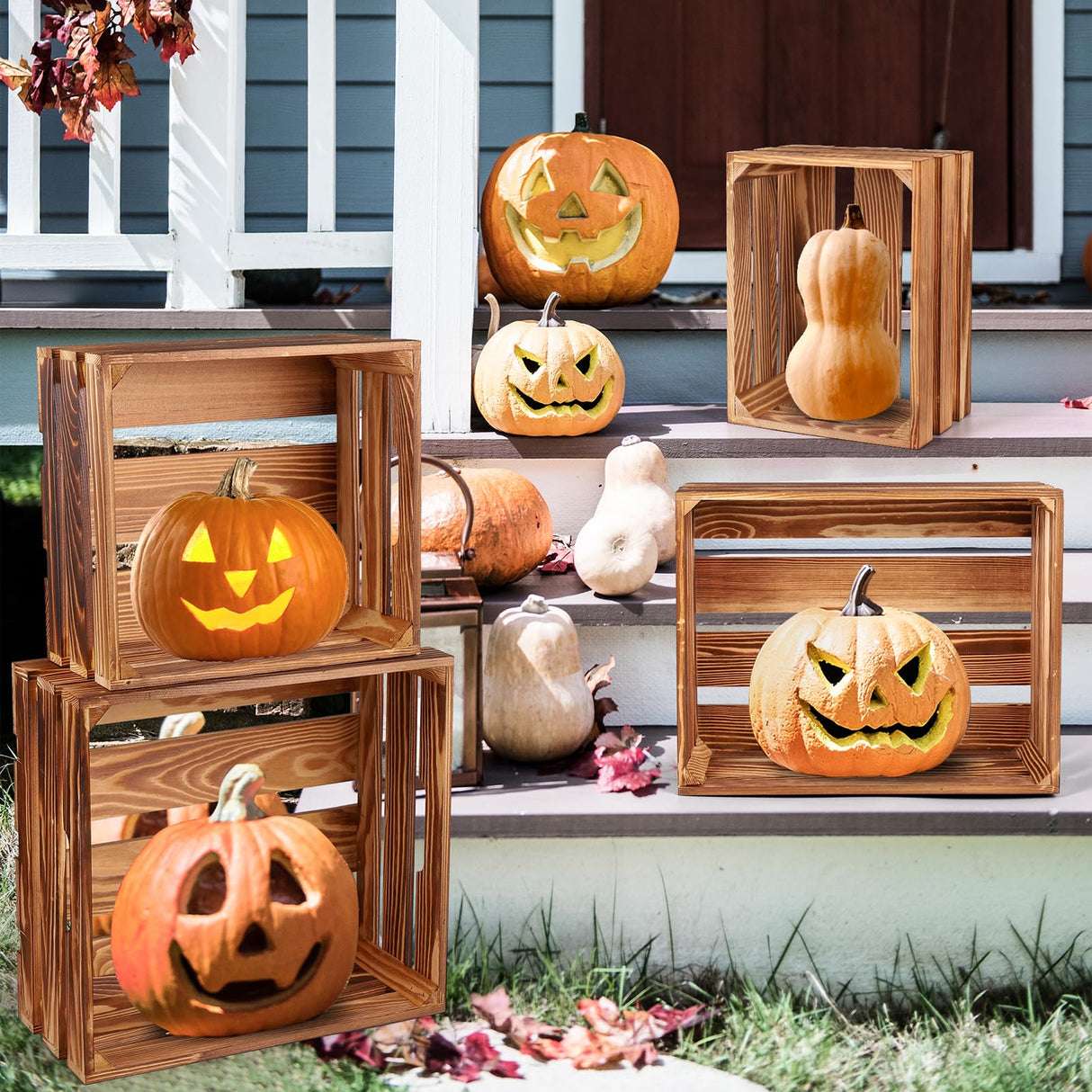 4 Pieces Decorative Wood Crates for Party Display, Large Rustic Farmhouse Wooden Nesting Storage Crates with Handles for Wedding Birthday Home Party Decoration Aweyka