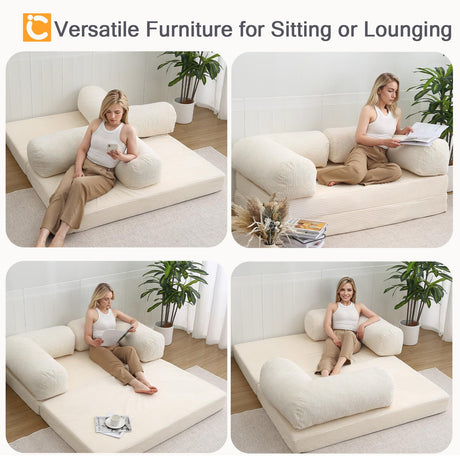 COMAX Folding Sofa Bed Queen, 4-in-1 Foldable Floor Couch Convertible Futon Sofa with Armrests Sleeper Mattress Chair Bed Comfy Portable Fold Out Lounge Guest for Living Room Bedroom, Beige COMAX