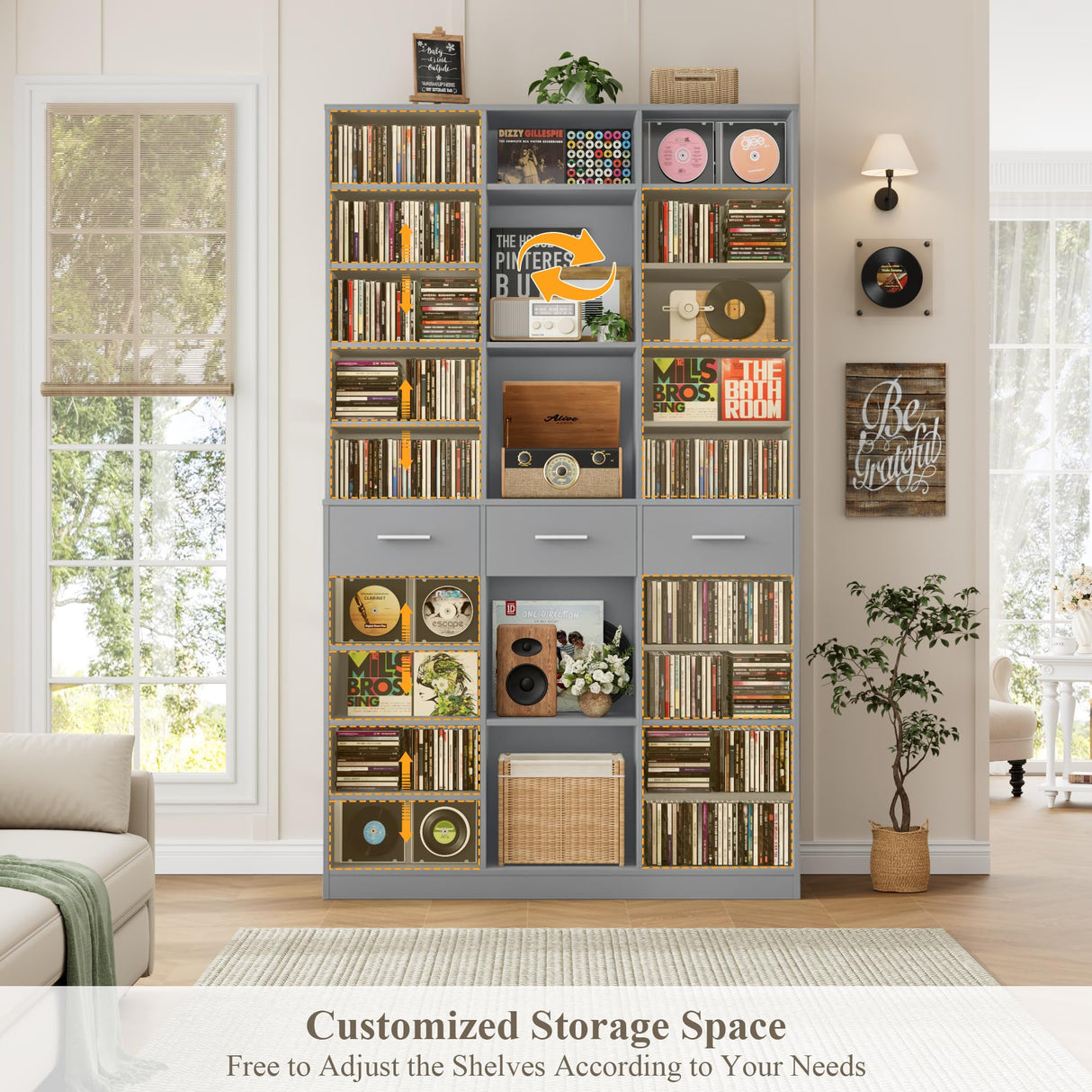 HOSTACK 75" Tall Book Shelf and Bookcase, 47" Wide Bookshelf with Drawers, Modern 9 Tier Bookcase with Storage, Large Wood Display Cabinet with Adjustable Shelves for Living Room, Home Office, Gray HOSTACK