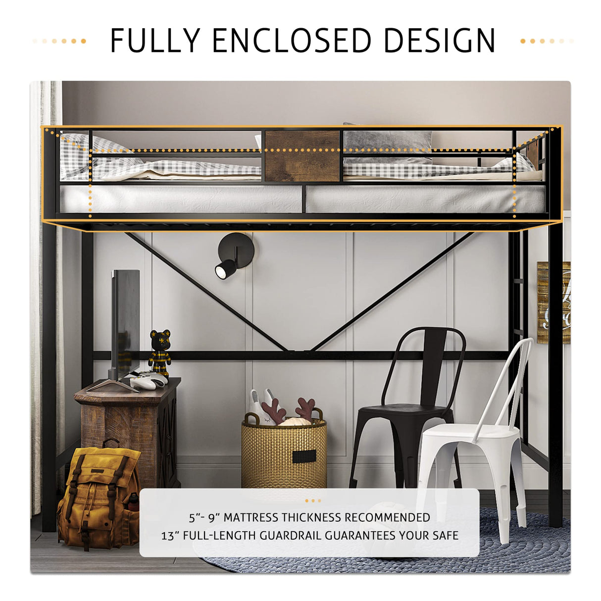 SHA CERLIN Black Metal Twin Loft Bed Frame with Stairs and Full-Length Guardrail SHA CERLIN