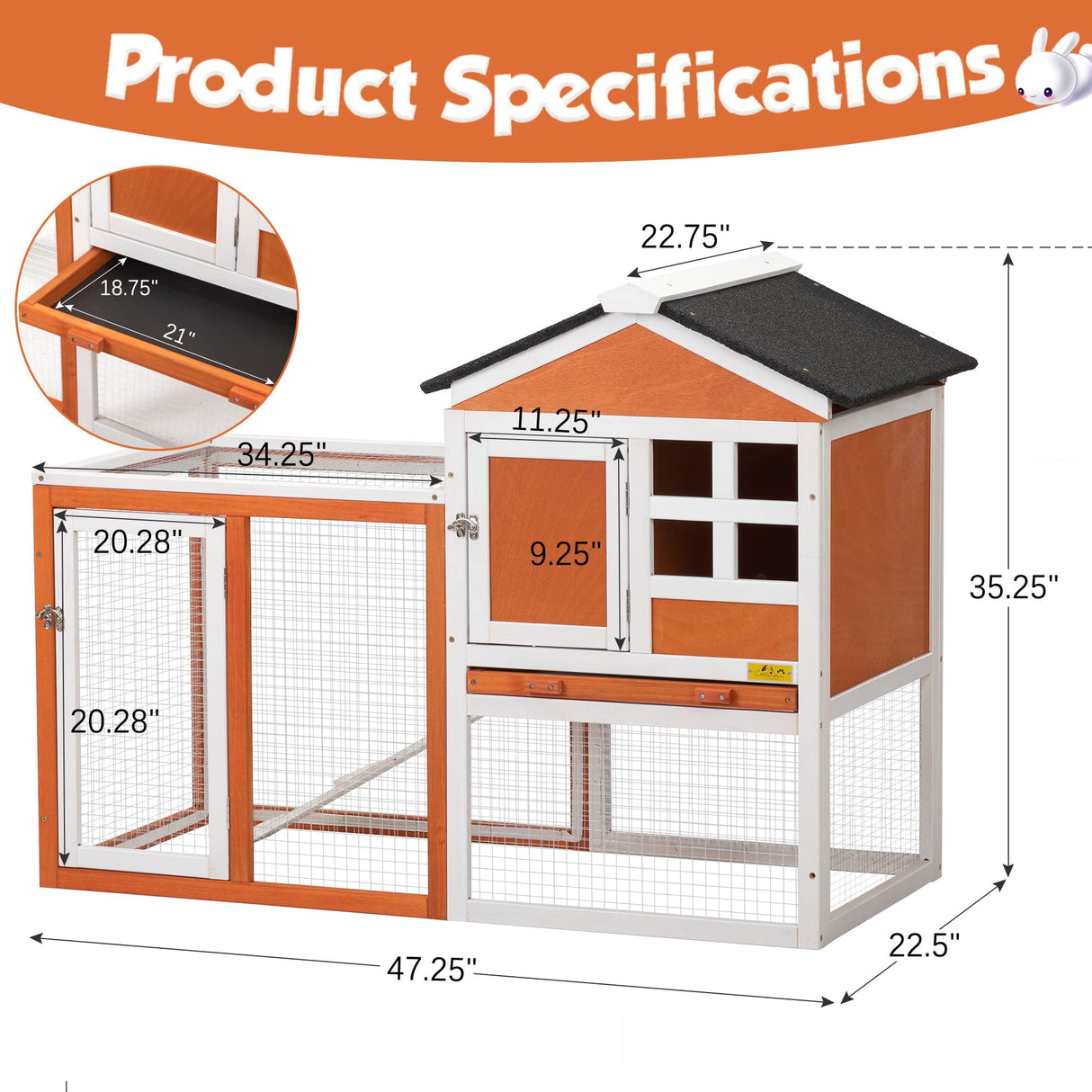 Rabbit Hutch Indoor Bunny Cage Outdoor Wooden Chicken Coop Small Animal Enclosure with Pull Out Tray & Weatherproof Asphalt Roof,48" L x 24" W x 35" H Orange COZIVVOVV