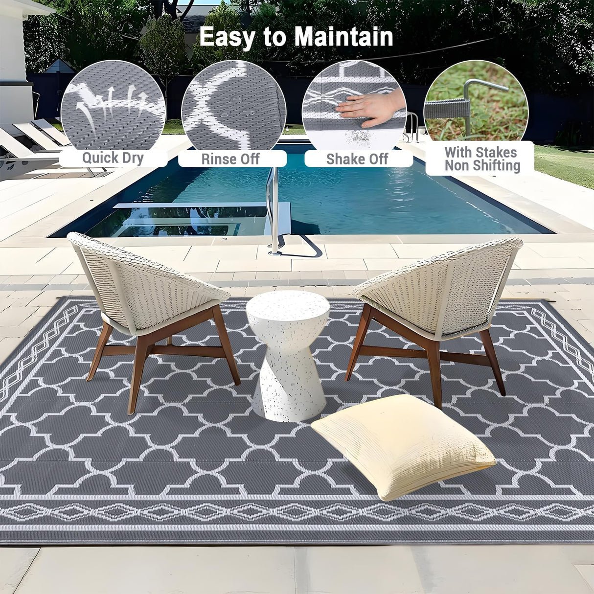 Garvee Outdoor Rug for Patio Clearance, 10 ft x14 ft Waterproof Large Camping Mat, Reversible Plastic Straw Rugs for RV, Camper, Balcony, Backyard, Picnic, Deck (Grey/White) Garvee