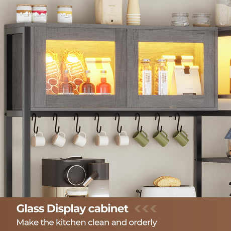 Itaar 45.3 Inch Farmhouse Bakers Rack with Power Outlet, LED Light and Storage Solutions in Grey Itaar