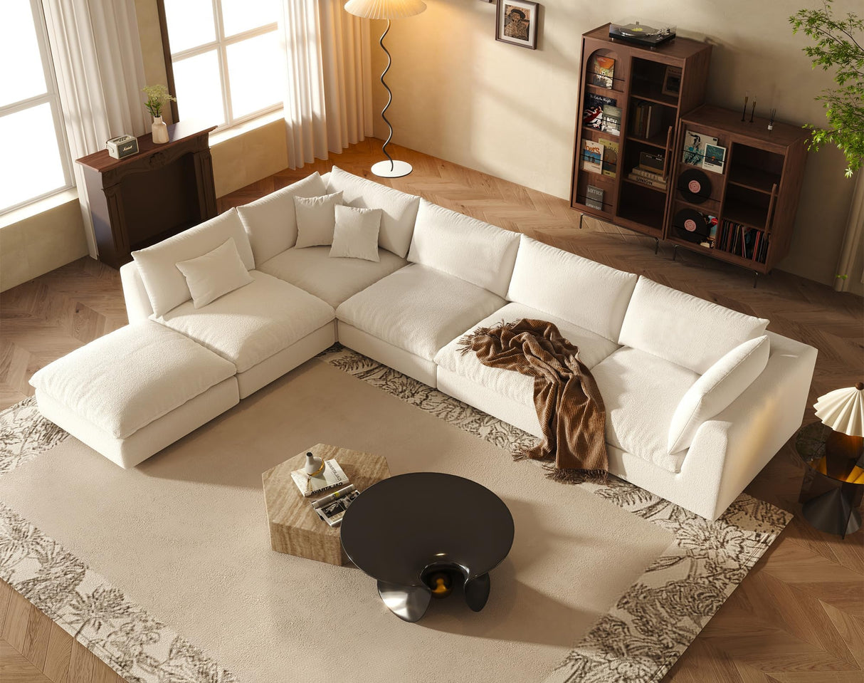 Oversized Modular Sectional Sofa,Cloud Couch Sectional Deep Seat Sofa Cushion Covers Removable,Oversized Sectional Couches for Living Room(6 Seater-Cream White Linen) Fajiani