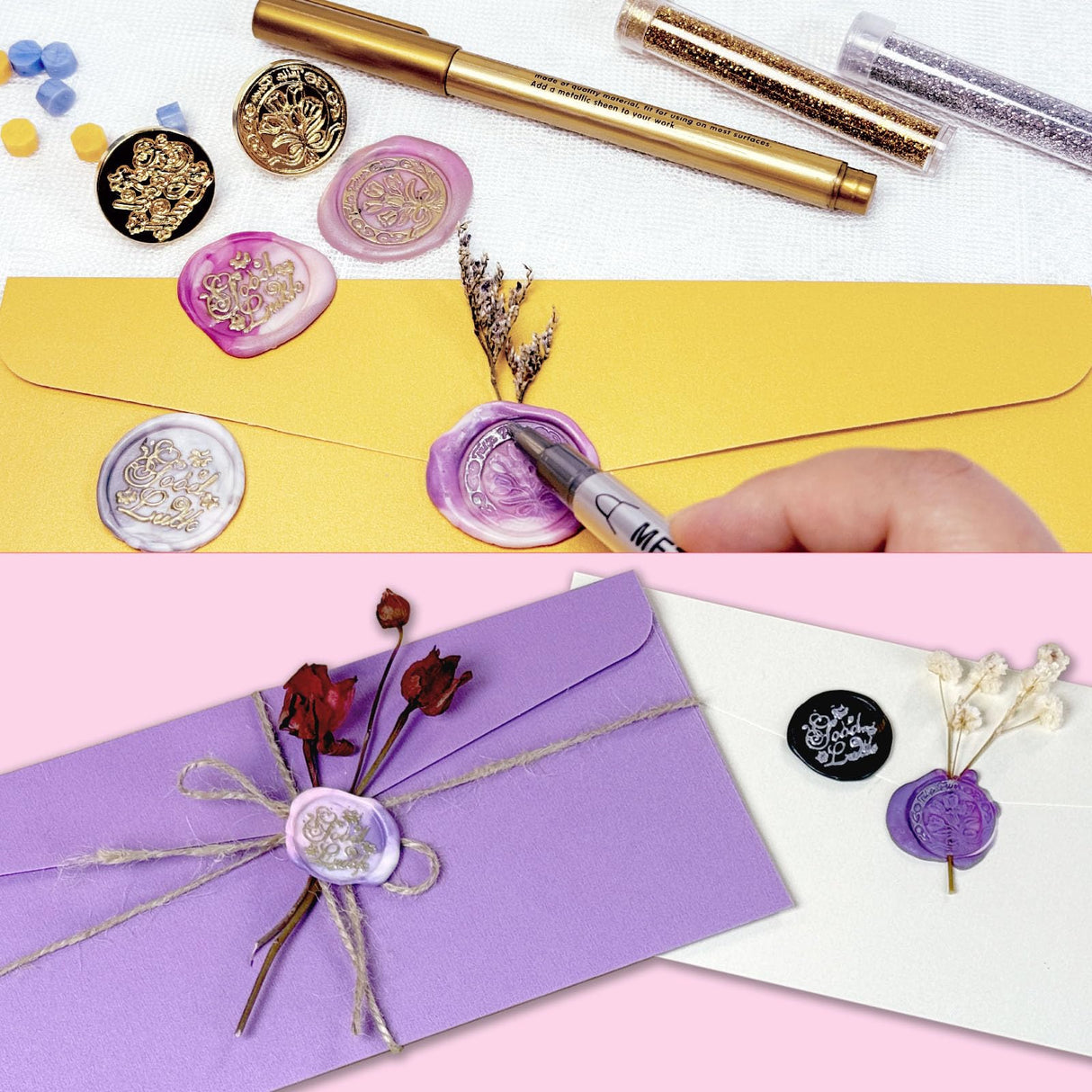 Wax Seal Kit, 24 Colors Sealing Beads, 2 Pcs Stamp,Sealing Wax Warmer, Metallic Pen, Envelope,Dried Flower,Candles for Wedding Birthday Gift and DIY Craft Xitalia