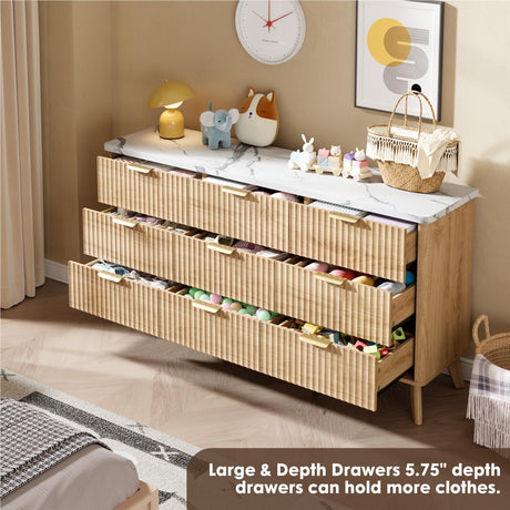 Fluted Dresser for Bedroom with 9 Deep Drawers, 60.6" Wide Modern Chest of Drawer with Faux Marble Top, Wooden Dresser TV Stand, Curved Profile Design, for Living Room, Kids Room, Hallway, Natural Oak GarveeHome