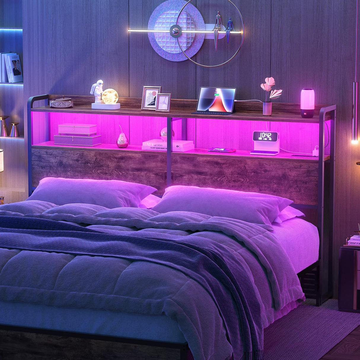 Aheaplus Queen Size Headboard with USB Ports, Outlets, LED Lights, and Storage in Rustic Brown Aheaplus