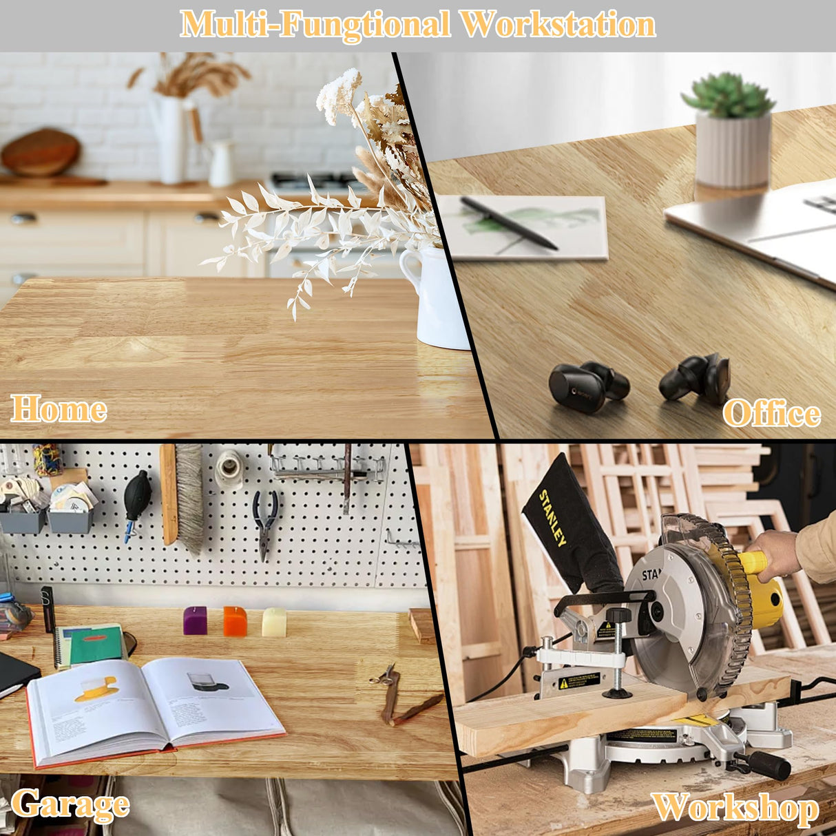 MISHAO 48" Adjustable Workbench for Garage, Rubber Wood Top Table Heavy-Duty Workstation w/Wheels, 2000 LBS Load Capacity Hardwood Worktable for Workshop, Office, Home MISHAO